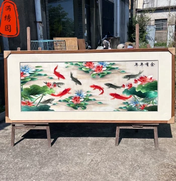 Intangible Cultural Heritage Pure Handmade Exquisite Su Embroidery Mural, Lotus and Nine Fish Design for Living Room Sofa Wall Decorative Hanging Painting