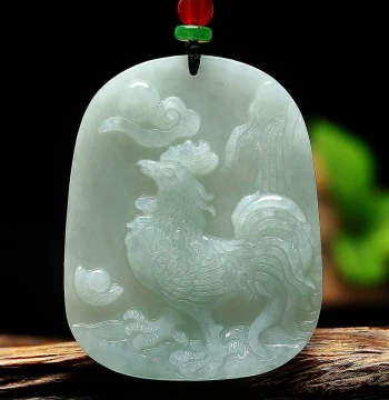 Jadeite Twelve Zodiac Jade Pei Rooster Necklace, Rooster Plaque, Large Rooster Pendant with Landscape and Zodiac Design