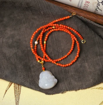 Natural Hetian Jade Old Material Smoke Gray Carved Maitreya Buddha with Southern Red Agate Chain, Original Design Pendant Sweater Chain