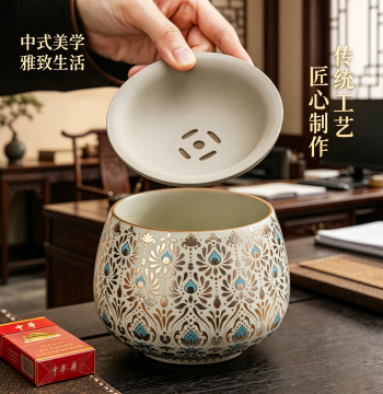 Dunhuang Phoenix Feather Ru Kiln Tea Residue Jar with Filter, Vintage Jian Water Jar, Tea Washing Utensil, Desktop Storage Ornament for Tea Ceremony