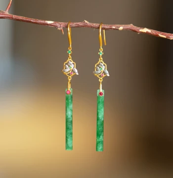 Natural Myanmar Type A Jadeite Lingguan Earrings - Temperament Light Luxury Fashion Minimalist Artistic Retro Style