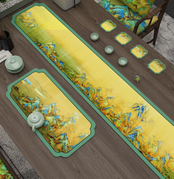 New Chinese Style Tea Mat, Rosewood Coffee Table Pad, 'A Thousand Li of Rivers and Mountains' Pattern Water-Absorbing Leather Table Mat, Table Runner, Coaster