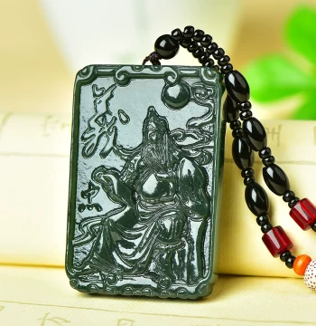 Natural Hetian Green Jade Martial God of Wealth Guan Gong Large Size Men's Jade Necklace Jade Plaque Jade Pendant Guan Di Jade Pendant