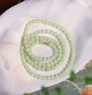 Natural Hetian Jade Qingshui Mint Round Bead Original Design Necklace Women's Jade Bracelet Sweater Chain Jewelry