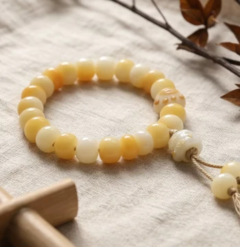 Charcoal-Roasted Bodhi Seed Lucky Cat Barrel Bead Bracelet with Tassel for Men and Women, Cultural Play Buddhist Prayer Beads