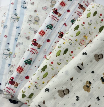 Designer Bamboo Cotton Imitation Linen Fabric per Meter - Cartoon Cats and Dogs Pattern for Baby Dresses and Pajamas