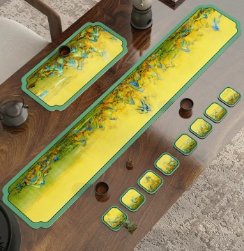 Tea Mat and Coaster, 'A Thousand Li of Rivers and Mountains' Pattern, Water-Absorbing Leather Table Runner, Chinese Style Rosewood Table Pad, Wear-Resistant and Heat-Resistant Coaster