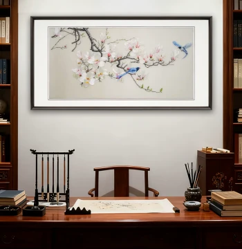 Su Embroidery New Chinese Style Pure Handmade Embroidery Yutang Fugui Flower and Bird Painting Living Room Study Decorative Framed Finished Hanging Art