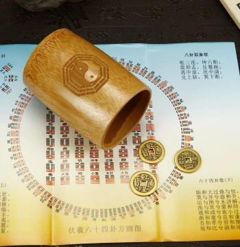 Tai Chi Bamboo Divination Tube with Copper Coins, Square and Circle Diagram Interpretation Book, I Ching Learning Tool, Zhouyi Desktop Ornament, Six Lines Divination Tube
