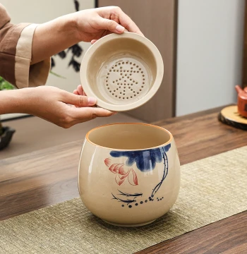 Ceramic Tea Waste Container with Filter Lid for Desktop Home Use - Tea Tray Wastewater Bucket, Ashtray, and Tea Set Accessory for Cup Washing
