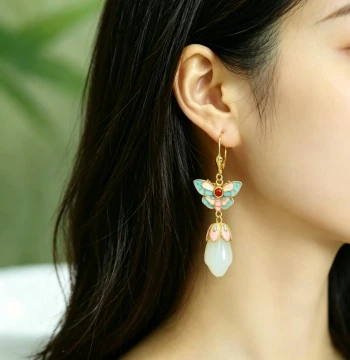 S925 Silver Inlaid Hetian Jade Magnolia Enamel Butterfly with Southern Red Agate Ear Cuffs Drop Earrings Jewelry Green-White Jade Trendy 7805