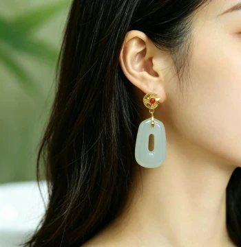 S925 Silver Inlaid Hetian Jade Qinghai Material Trapezoidal Matched with South Red Agate Earrings, Greenish-White Jade Round Minimalist Hollow Design 5401
