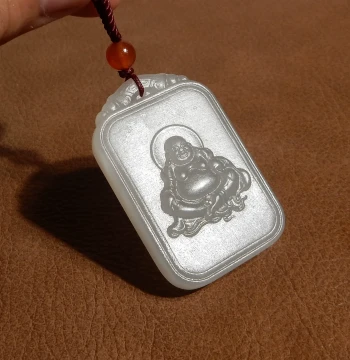 Yuxi Jewelry Natural Hetian Jade Qinghai Material Smoky Green Jade Violet Maitreya Laughing Buddha Pendant Gift for Girlfriend Q