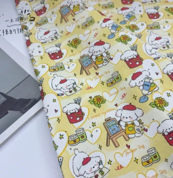 (Copyright Pattern) 100% Cotton 40s Poplin Fabric with Painter Puppy Design for Tablecloths, Intestine Collar Shirts, and Jackets