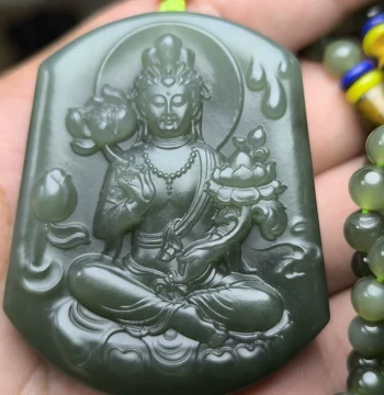 Hetian Jade from Qinghai Yeniu Gou Lake-Green Color, Holding Lotus Guanyin and Mahasthamaprapta Bodhisattva Plaque Pendant
