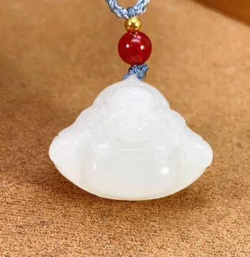 Natural Grade A Xinjiang Seed Hetian Jade Mutton Fat White Jade Maitreya Laughing Buddha Pendant Necklace