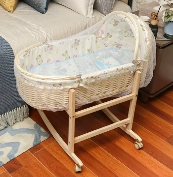 Rattan Woven Cradle Bed Soothing Nest for Newborns, Portable Baby Carry Basket, Infant Sleep Basket with Solid Wood Mosquito Net for Car and Outdoor Use