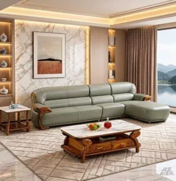 New Chinese Style Wenge Wood Four-Seater Straight Row Living Room Corner Combination Sofa with Thickened Cowhide Light Luxury Genuine Leather and Solid Wood Frame