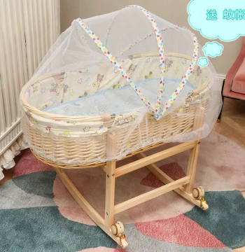 Rattan Cradle Bed Newborn Baby Basket Portable Carry Cot Children's Bed Solid Wood Car Handheld Basket with Wheels Mosquito Net Cooling Mat