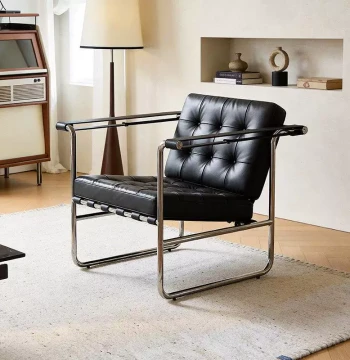 Mid-Century Modern Minimalist Black Leather Stainless Steel Sofa Chair Home Living Room Designer Style Leisure Armchair with Backrest