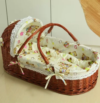 Rattan-Woven Newborn Baby Portable Carry Basket for Outings, Car Soothing Cradle for Calming and Sleeping, Baby Bed Stroller, Solid Wood Cradle