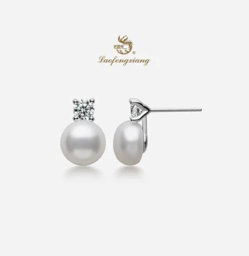 Lao Feng Xiang Official 925 Sterling Silver Princess Pearl Stud Earrings, New Dai Fei Style Jewelry, Authentic Gift for Mother's Day
