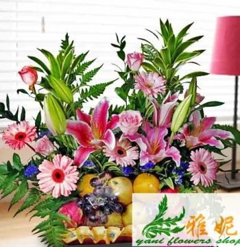 Singapore Mid-Autumn Festival Gift Basket with Fresh Flowers and Fruits for Birthday Condolences, Same-Day Delivery to Malaysia