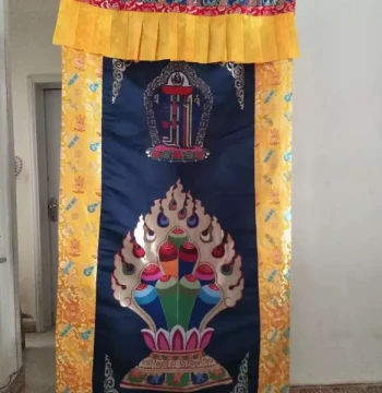 Premium Tibetan Style Door Curtain Ten Phases of Freedom Blue Mani Jewel Flame Pattern 2×1m