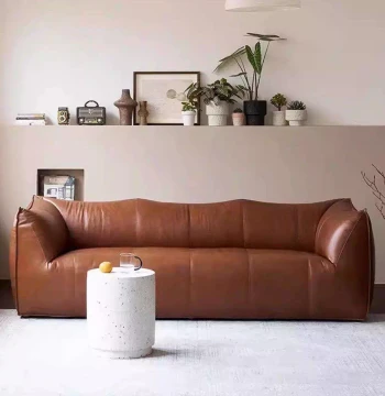 Vintage Oil-Waxed Leather Croissant Sofa, Retro Designer Sofa for Small Apartments, Artistic Creative Living Room Sofa