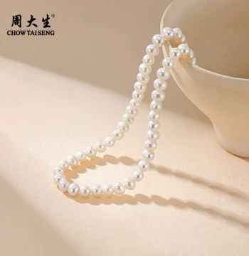 Chow Tai Seng Pearl Necklace for Women – High-Luster Oval Freshwater Pearls with Pendant, Classic Style, Perfect Mother's Day Gift