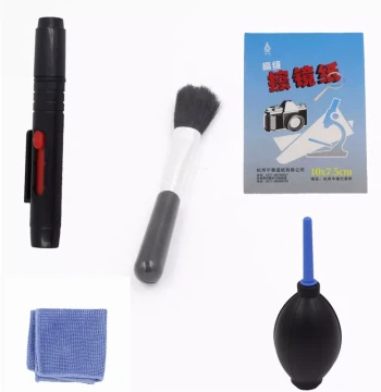 Professional DSLR Lens Cleaning Kit - Solution, Pen, Cloth, Paper, Brush, and Air Blower for Canon & Nikon