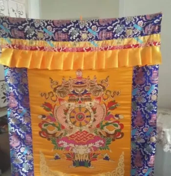 Premium Tibetan Door Curtain, Ten Phases of Freedom, Yellow Combination with Eight Treasures Pattern, 1×1.2m