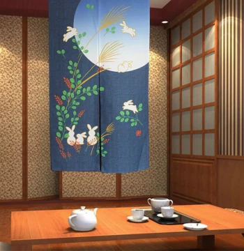 Japanese Style Blue Jade Rabbit Printed Thickened Fabric Door Curtain