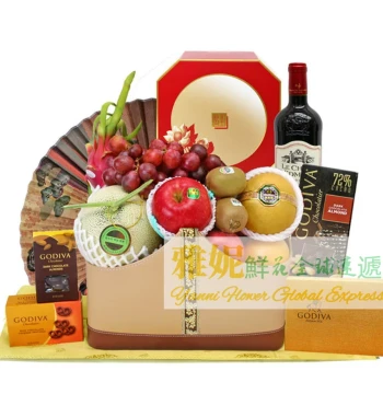 Hong Kong 8 Types of Fresh Fruits Premium AOC Red Wine Godiva Chocolate Mid-Autumn Gift Client Appreciation Same-City Delivery