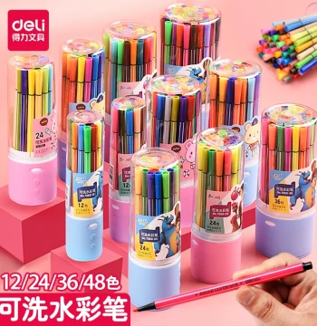 Deli Washable Watercolor Pens 12/24/36/48 Colors Art Painting Set Tools for Elementary School Kindergarten Coloring Drawing Safe Water-Soluble Markers for Kids Babies