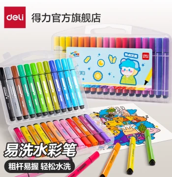 Deli 24 Colors Triangular Barrel Watercolor Pen Set Elementary School Children Babies Kindergarten Drawing Graffiti Painting Hand-Drawn Pens Watercolor Brushes Large Capacity Colored Pens Painting Pen Set