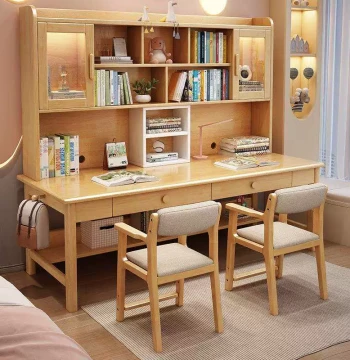 New Direct Sale Nordic Style Home Double Solid Wood Desk with Bookshelf and Cabinet Combo Study Table for Primary and Middle School Students