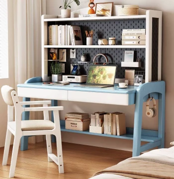 Solid Wood Desk with Pegboard Bookshelf, Adjustable Height Writing Table for Bedroom, Suitable for Elementary to High School Students