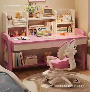 Solid Wood Manual Height-Adjustable Desk for Middle School Students, Minimalist Home Bedroom Study Desk with Bookshelf and Writing Chair