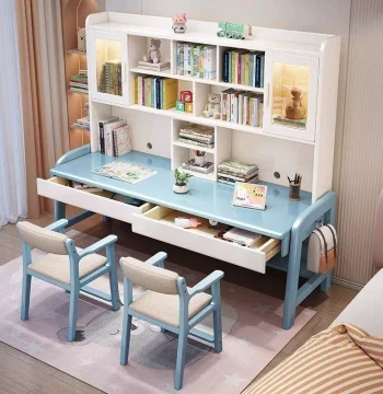 Double Desk Study Shelf Bookcase All-in-One Computer 85 Desk Office Desk Home Living Room Side-by-Side Writing Desk and Chair Combo