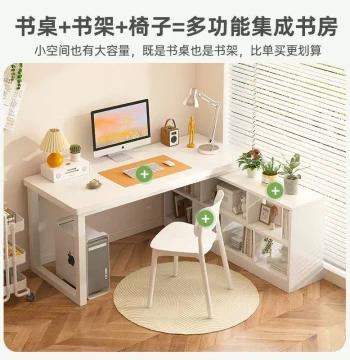 Minimalist Home Computer Desk with Bookshelf - Study Writing Table and Corner Chair Combo for Bedroom