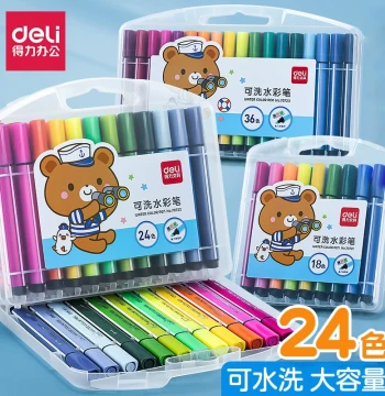 Deli 24-Color Washable Non-Toxic Watercolor Pens for Kindergarten and Elementary Students