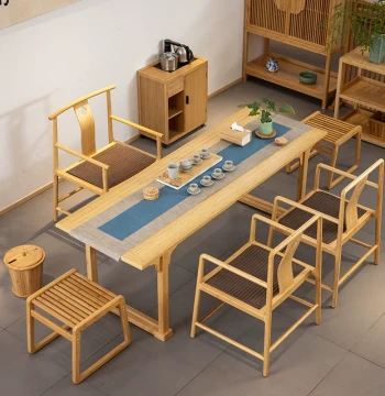 Xiangfu ZhSong Flat-Head Case Kung Fu Tea Table and Chair Set, Bamboo New Chinese Style Desk, Large Tea Table, Minimalist Modern Tea Brewing Station