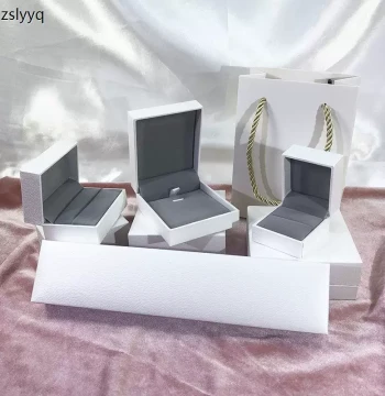 In Stock White Rectangular Jewelry Box - Leather-Textured Paper Flip-Top Packaging for Rings and Necklaces, Direct from Manufacturer