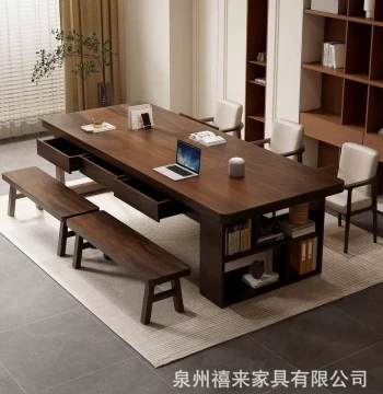 Solid Wood Living Room Desk with Integrated Bookshelf & Drawers - Home Study Writing Table, Large Long Real Wood Desk