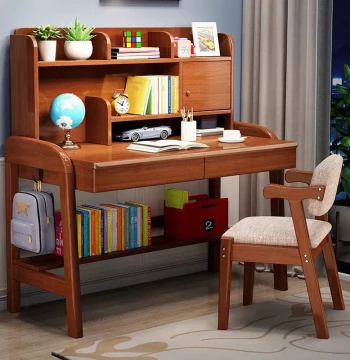 Solid Wood Desk with Integrated Bookshelf, Home Study Table for Girls' Bedrooms, Student Writing Desk, Computer Desk, and Children's Learning Station