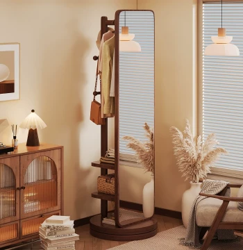 Full-Length Floor Mirror with Integrated Clothing Rack - Rotating Mobile Dressing Mirror for Women's Bedroom