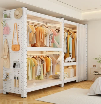 Shelving Unit Wardrobe for Home Bedroom or Rental Housing, Easy Assembly Metal Pegboard, New Style Storage Steel Clothing Cabinet