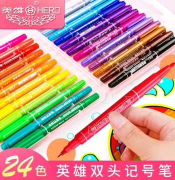 Hero 887 Small Dual-Tip Colored Markers, 12 or 24 Colors, Oil-Based Permanent Markers for Students, Outline Pens, Hand Drawing Marker Pens