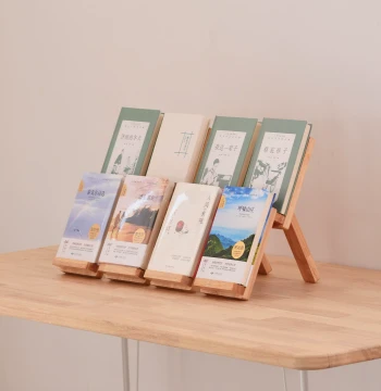 Solid Wood Display Rack Bookshelf Adjustable Double-Tier Angled Desktop Stand with Wheels